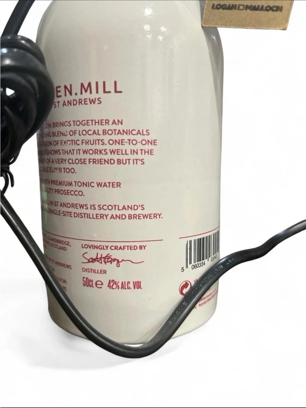Eden Mill St Andrews Love Gin Upcycled Bottle Lamp Pink Harris Tweed Shades